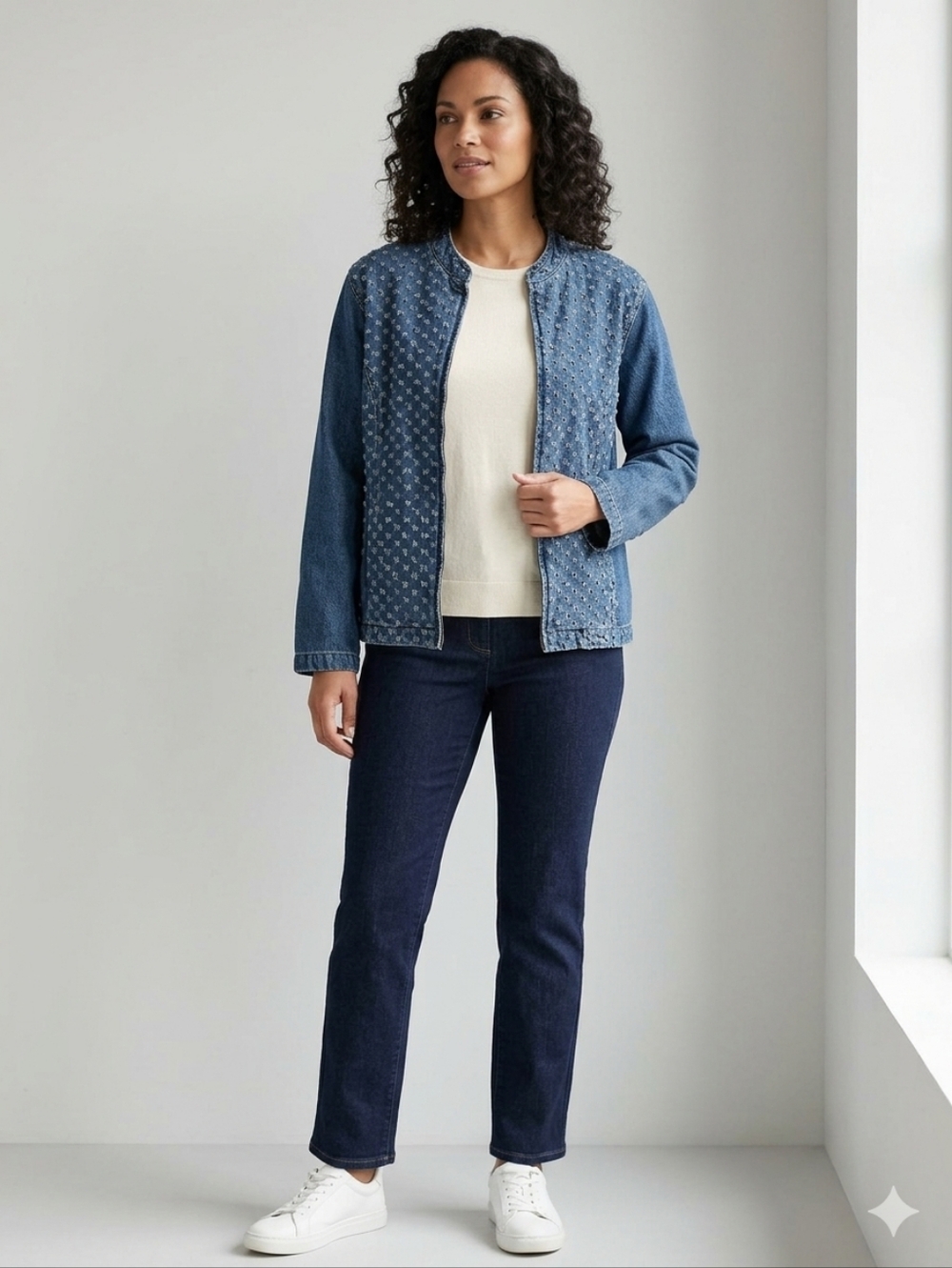 Chico's Jacket Shirt Perferated Cotton Blue Denim Clipped Textured Size 2 L